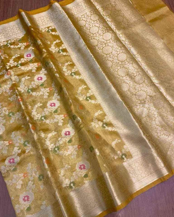 SAREEN Golden Glow Glass Tissue Saree with Meenakari Jaal & Grand Zari Pallu