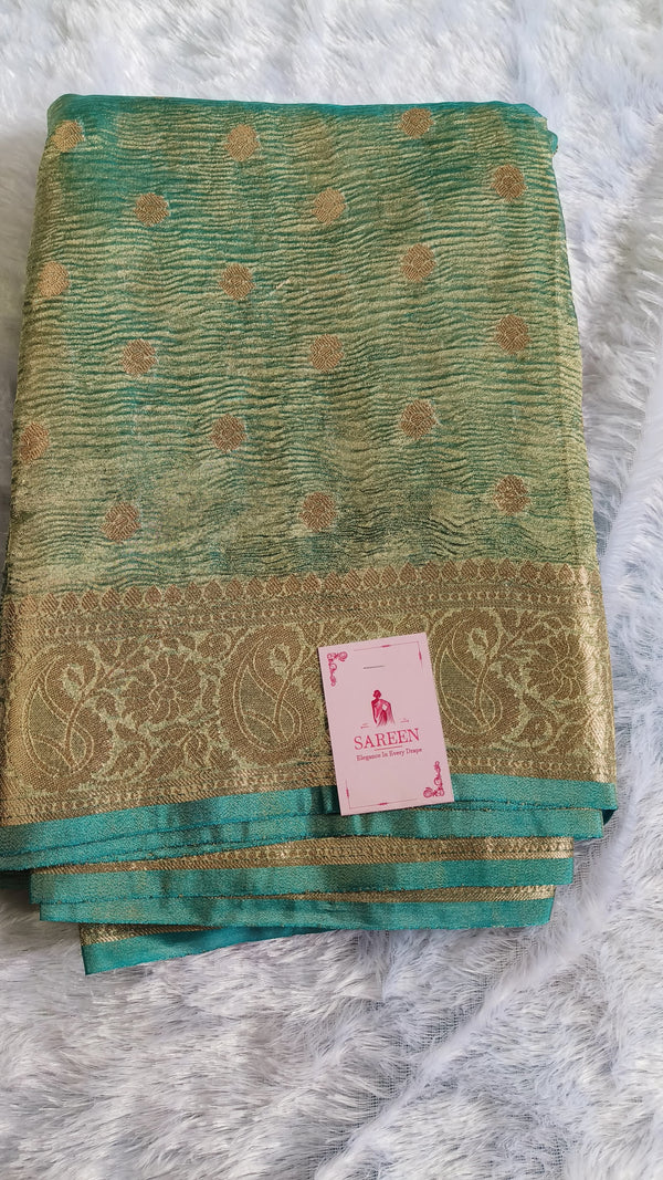 SAREEN Crushed Tissue Silk Saree – Aqua Gold Elegance