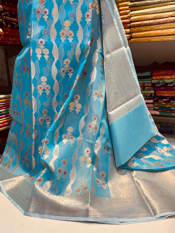 SAREEN Light Blue Floral Tissue Organza Saree with Silver Zari Border