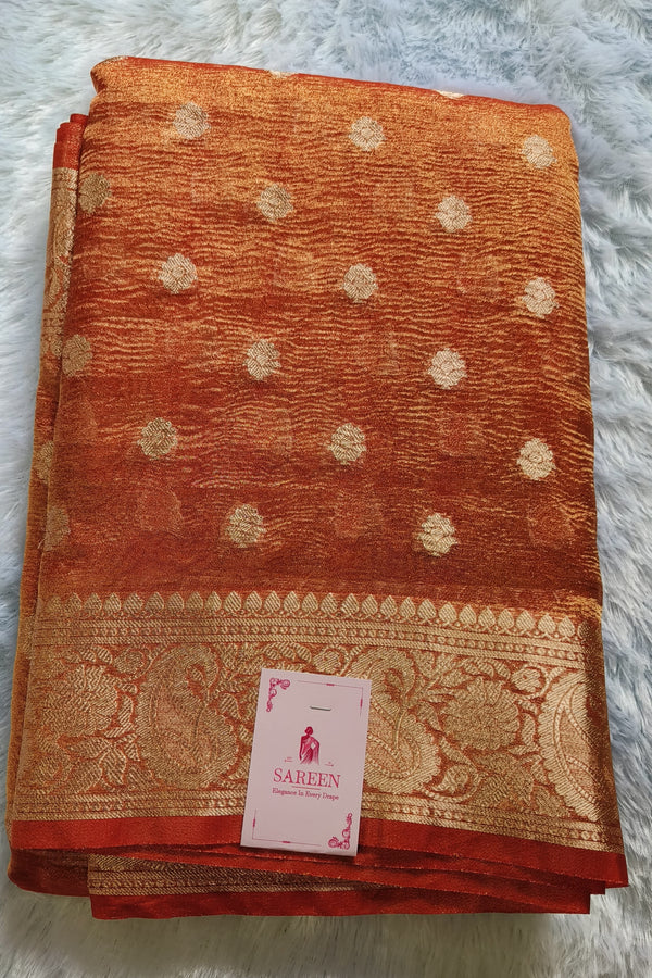 SAREEN Crushed Tissue Silk Saree – Rust Orange Gold Edition
