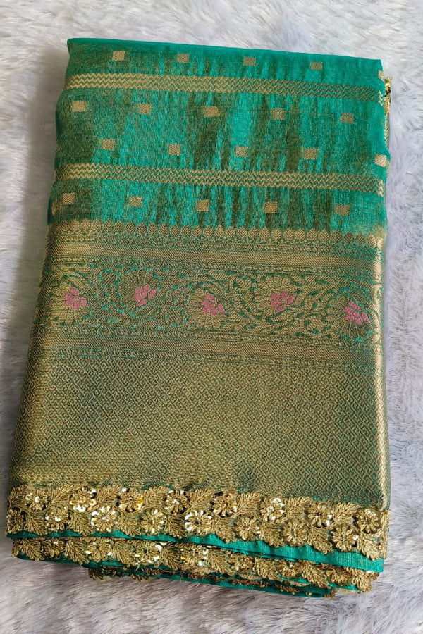 SAREEN Aqua Blue Tissue Silk Saree with Elegant Lace Border