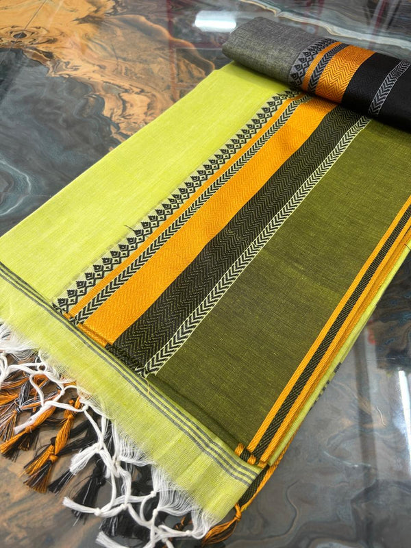 SAREEN HaritShakti – Lime Green & Olive Bengal Handloom Cotton Saree