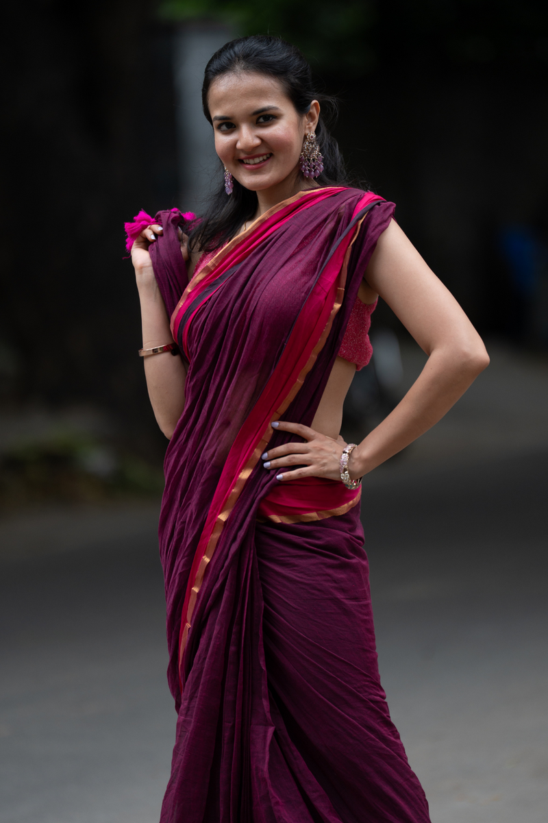 SAREEN Wine Mal Cotton Saree with Rani Border – Elegant Everyday Wear