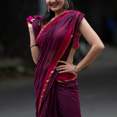 SAREEN Wine Mal Cotton Saree with Rani Border – Elegant Everyday Wear