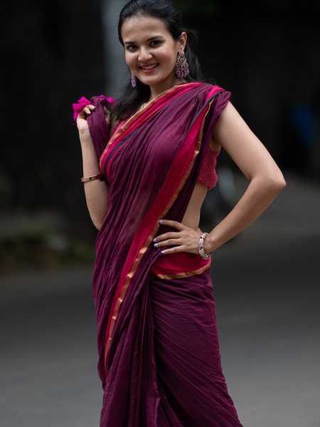 SAREEN Wine Mal Cotton Saree with Rani Border – Elegant Everyday Wear