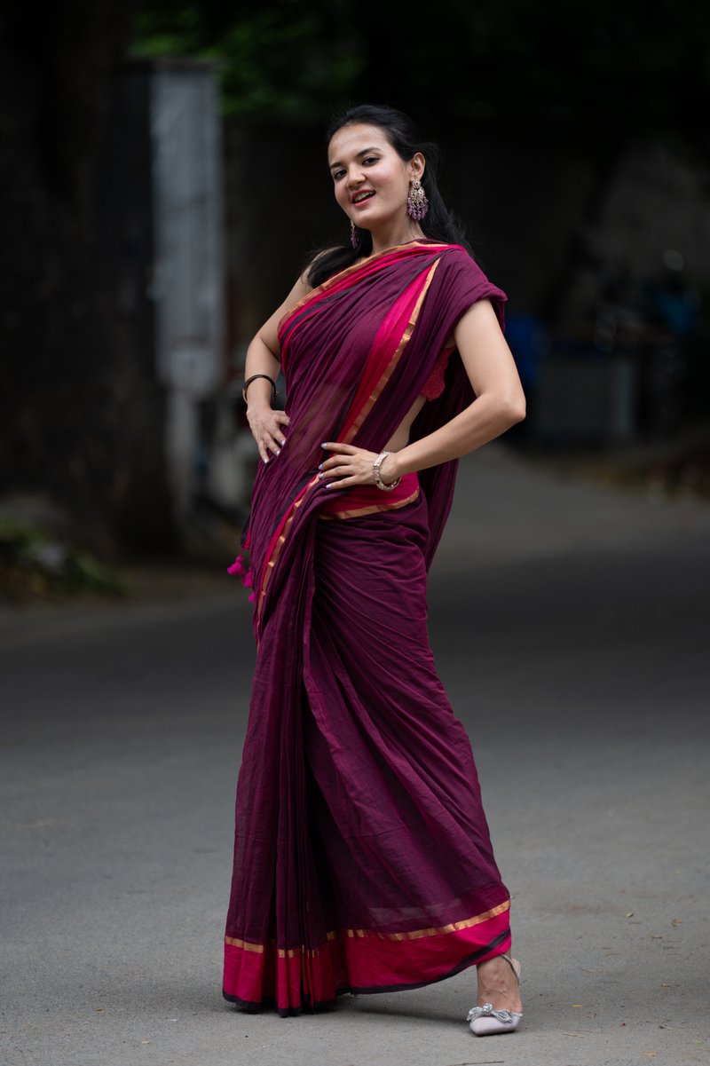 SAREEN Wine Mal Cotton Saree with Rani Border – Elegant Everyday Wear