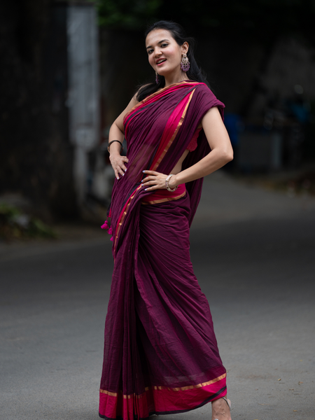 SAREEN Wine Mal Cotton Saree with Rani Border – Elegant Everyday Wear