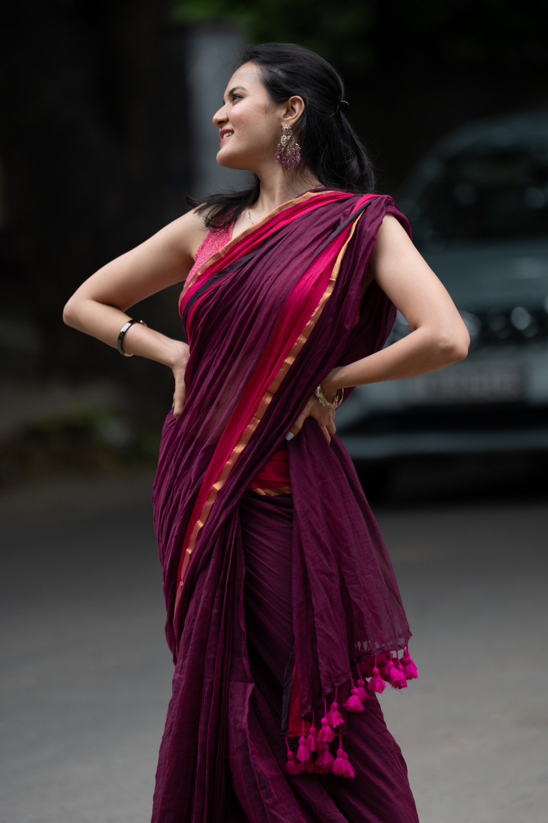 SAREEN Wine Mal Cotton Saree with Rani Border – Elegant Everyday Wear