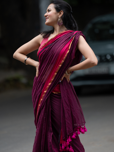 SAREEN Wine Mal Cotton Saree with Rani Border – Elegant Everyday Wear