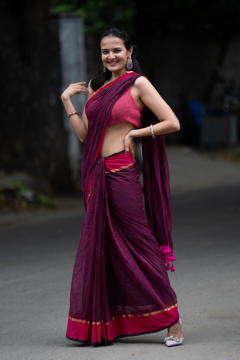 SAREEN Wine Mal Cotton Saree with Rani Border – Elegant Everyday Wear