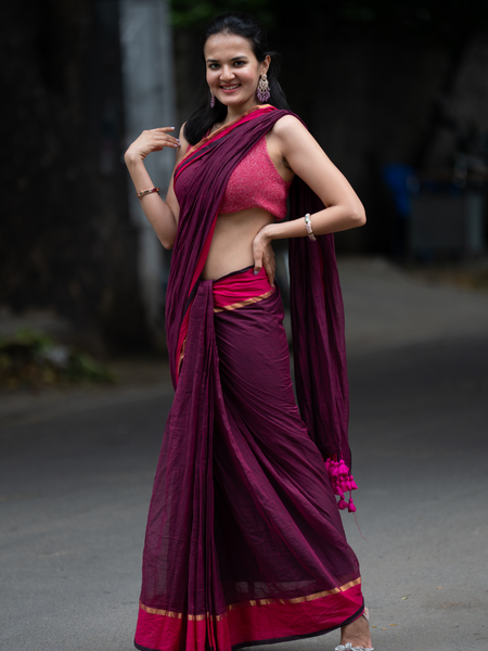 SAREEN Wine Mal Cotton Saree with Rani Border – Elegant Everyday Wear