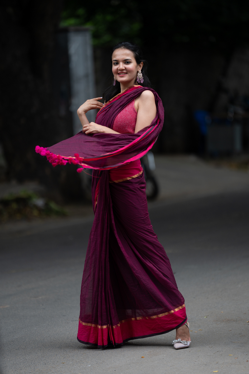 SAREEN Wine Mal Cotton Saree with Rani Border – Elegant Everyday Wear