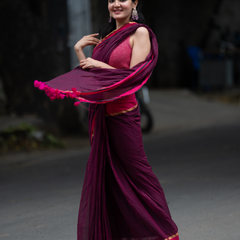 SAREEN Wine Mal Cotton Saree with Rani Border – Elegant Everyday Wear