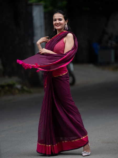 SAREEN Wine Mal Cotton Saree with Rani Border – Elegant Everyday Wear