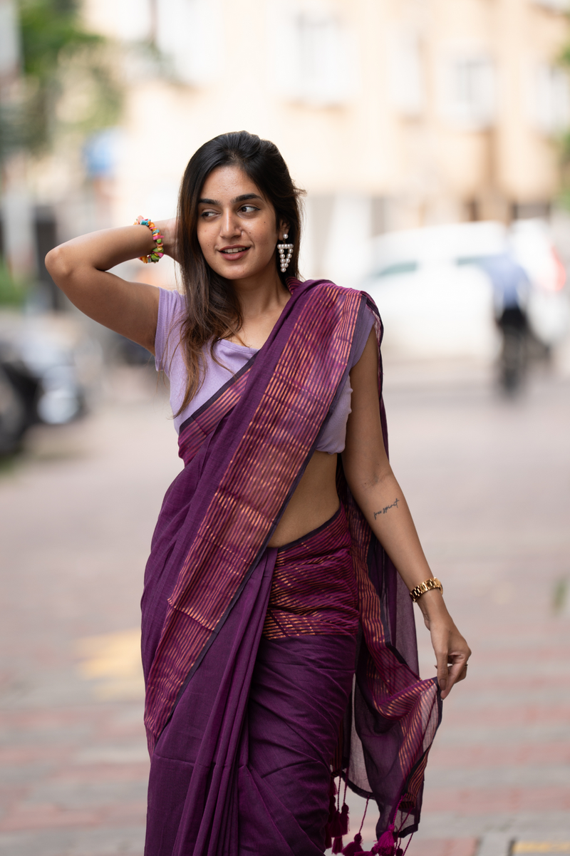 SAREEN Plum Purple Mal Cotton Saree with Copper Stripes – Elegant Classic