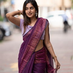 SAREEN Plum Purple Mal Cotton Saree with Copper Stripes – Elegant Classic