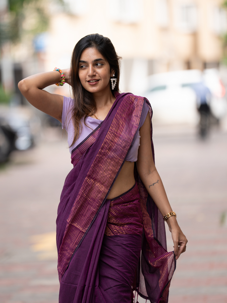 SAREEN Plum Purple Mal Cotton Saree with Copper Stripes – Elegant Classic