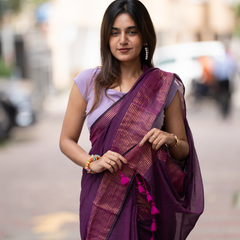 SAREEN Plum Purple Mal Cotton Saree with Copper Stripes – Elegant Classic