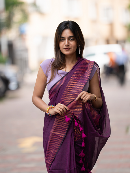 SAREEN Plum Purple Mal Cotton Saree with Copper Stripes – Elegant Classic