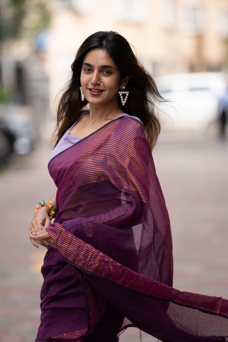 SAREEN Plum Purple Mal Cotton Saree with Copper Stripes – Elegant Classic