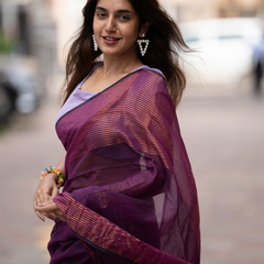 SAREEN Plum Purple Mal Cotton Saree with Copper Stripes – Elegant Classic