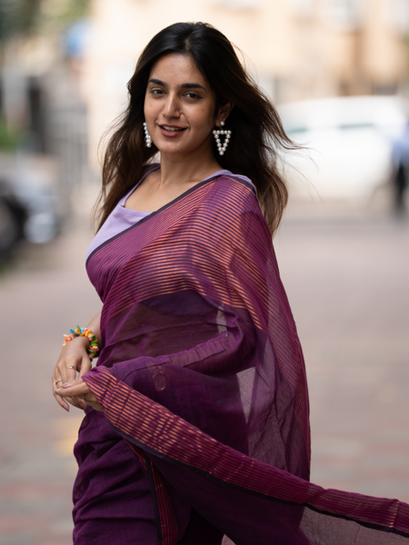 SAREEN Plum Purple Mal Cotton Saree with Copper Stripes – Elegant Classic