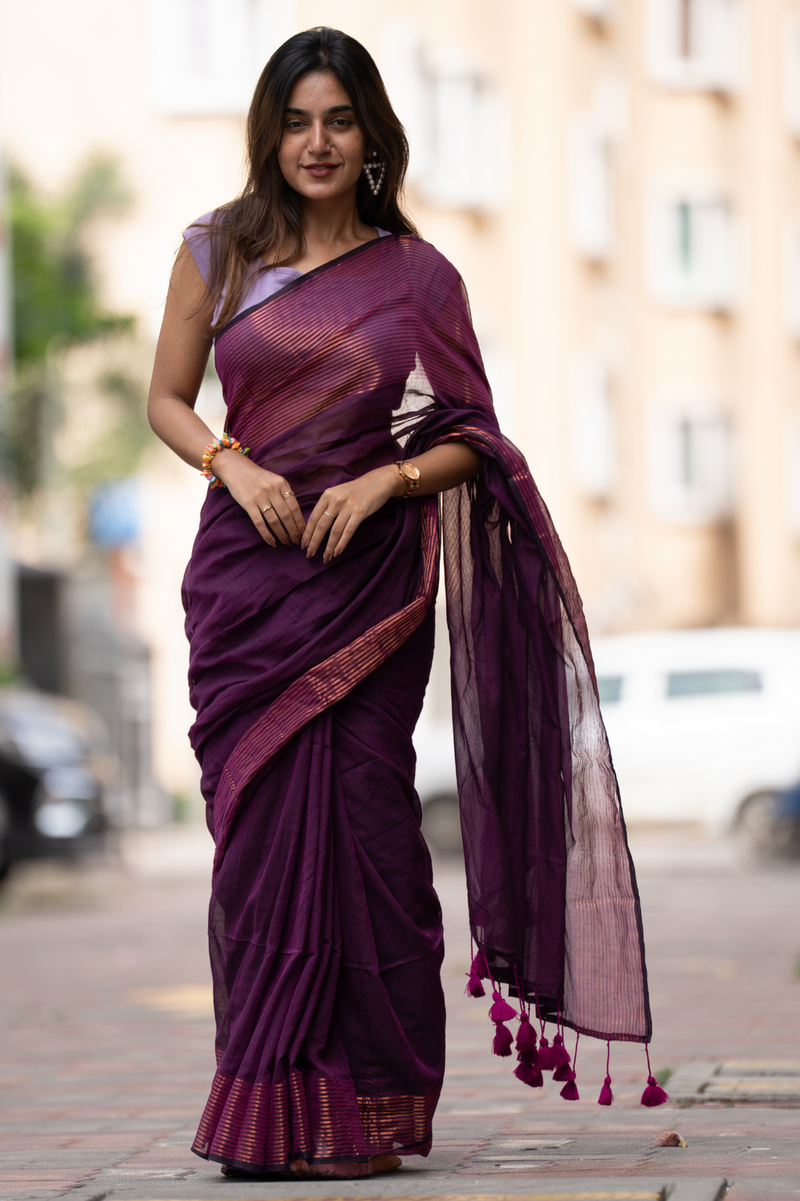 SAREEN Plum Purple Mal Cotton Saree with Copper Stripes – Elegant Classic