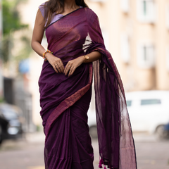 SAREEN Plum Purple Mal Cotton Saree with Copper Stripes – Elegant Classic