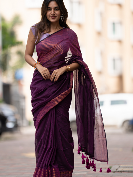 SAREEN Plum Purple Mal Cotton Saree with Copper Stripes – Elegant Classic