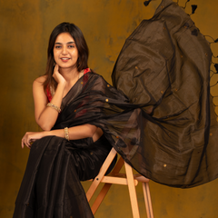SAREEN Black Gini Raga Cotton Tissue Saree with Subtle Golden Dots