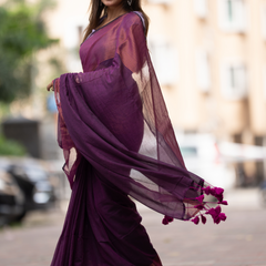 SAREEN Plum Purple Mal Cotton Saree with Copper Stripes – Elegant Classic