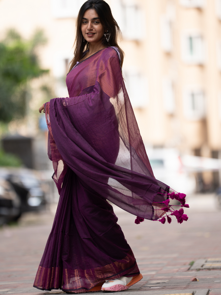 SAREEN Plum Purple Mal Cotton Saree with Copper Stripes – Elegant Classic