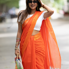 SAREEN Bright Orange Mal Cotton Saree with Golden Stripes – Summer Festive Wear