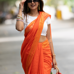 SAREEN Bright Orange Mal Cotton Saree with Golden Stripes – Summer Festive Wear