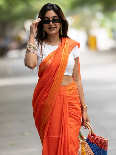 SAREEN Bright Orange Mal Cotton Saree with Golden Stripes – Summer Festive Wear