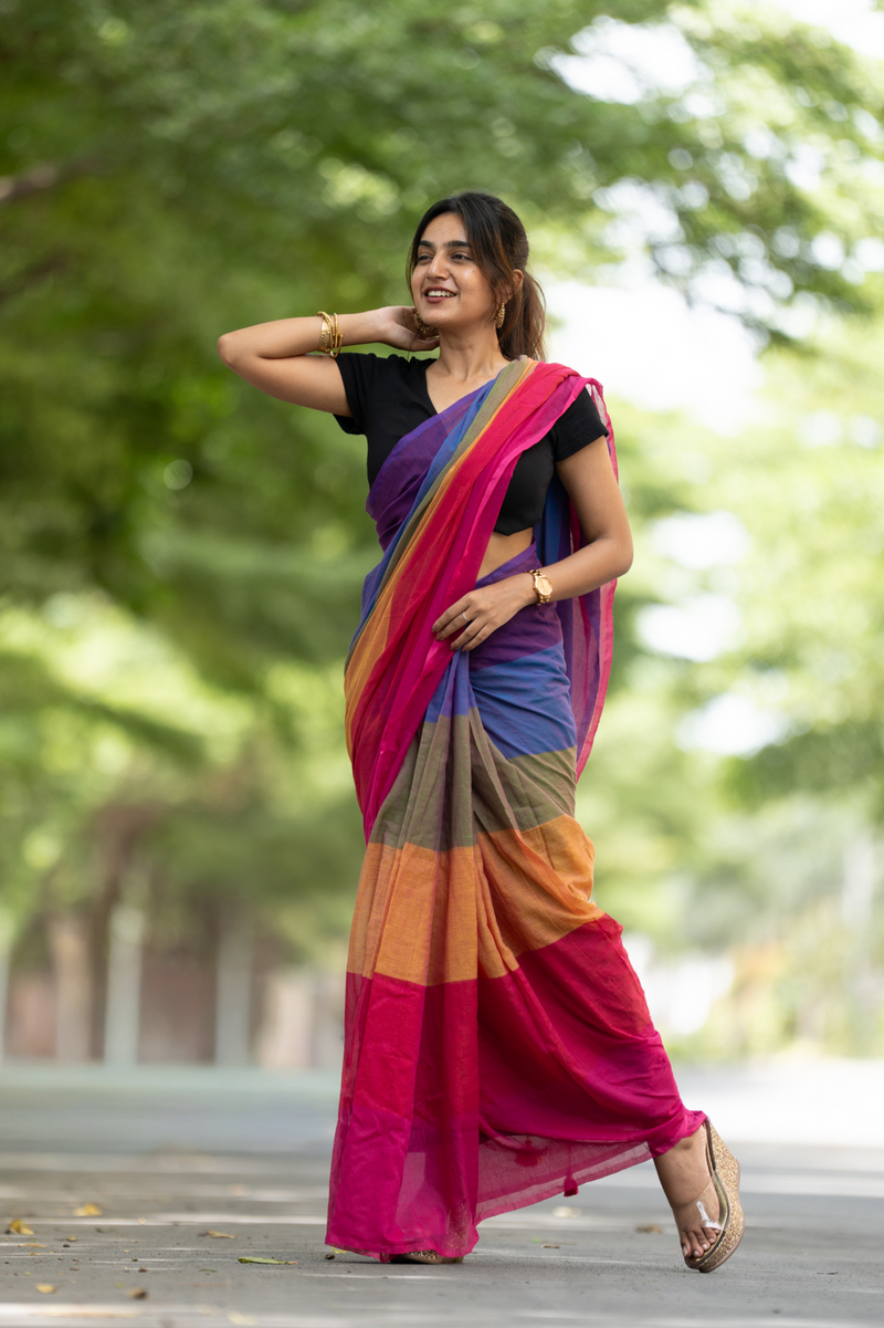 SAREEN Vibrant Multicolor Ombre Mal Cotton Saree with Rainbow Flow Pallu