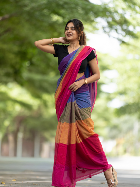 SAREEN Vibrant Multicolor Ombre Mal Cotton Saree with Rainbow Flow Pallu