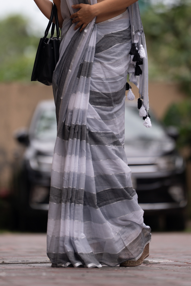 SAREEN Urban Grey Striped Mal Cotton Saree with Black & White Tassels