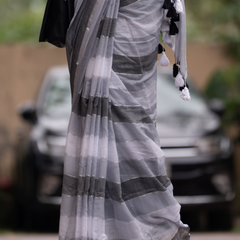 SAREEN Urban Grey Striped Mal Cotton Saree with Black & White Tassels