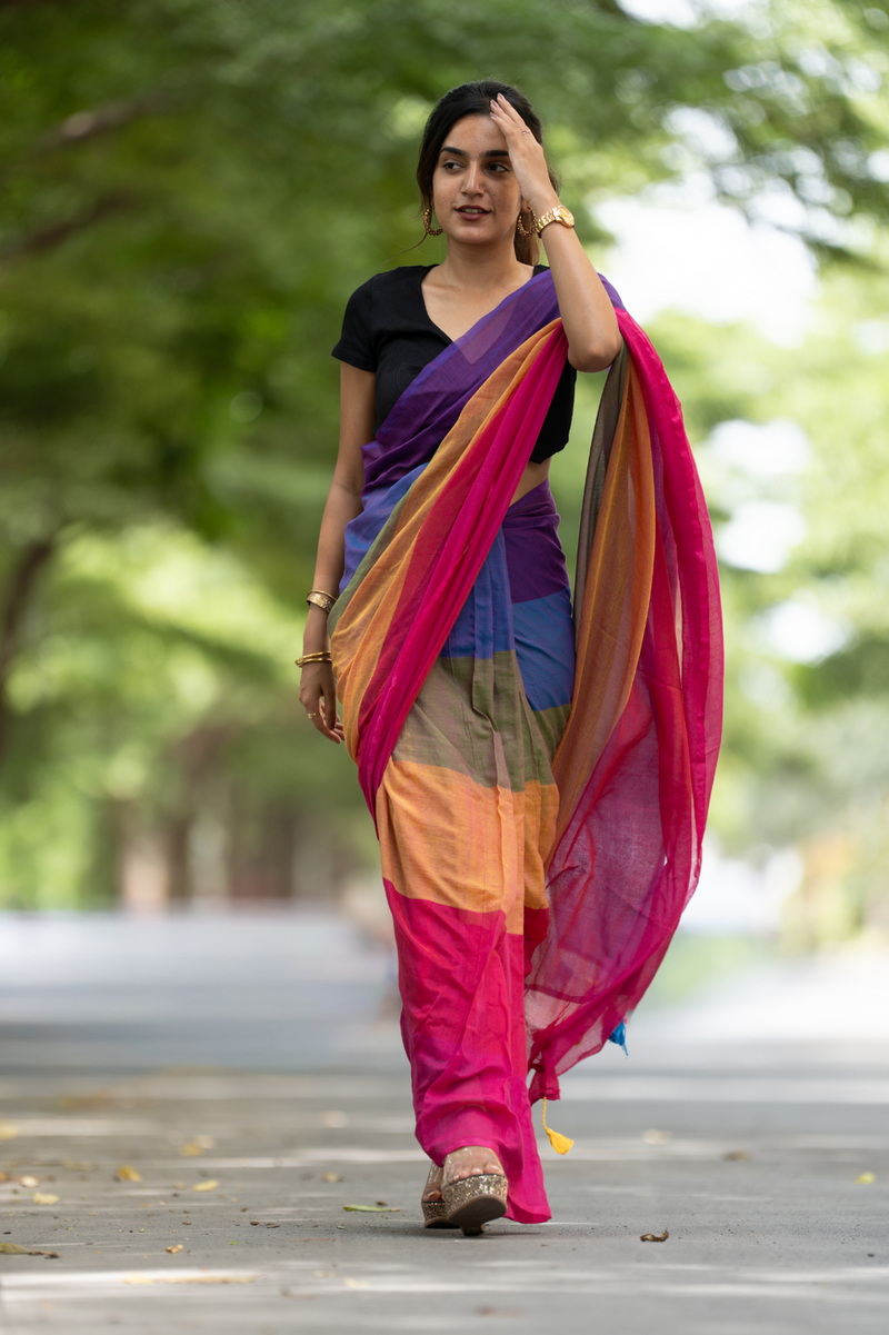 SAREEN Vibrant Multicolor Ombre Mal Cotton Saree with Rainbow Flow Pallu