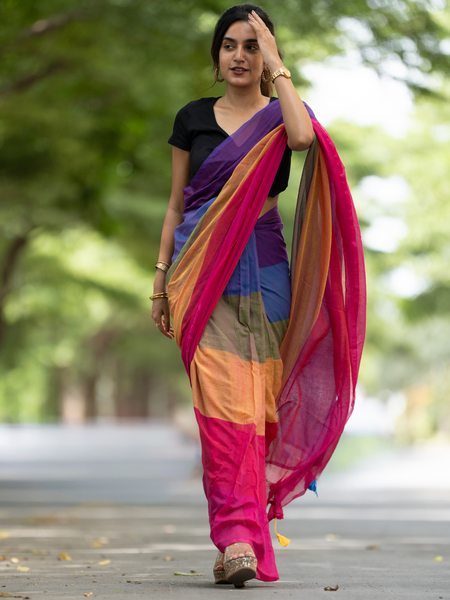 SAREEN Vibrant Multicolor Ombre Mal Cotton Saree with Rainbow Flow Pallu