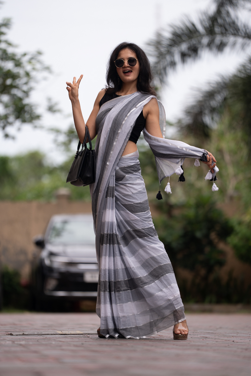 SAREEN Urban Grey Striped Mal Cotton Saree with Black & White Tassels