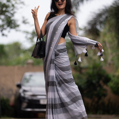SAREEN Urban Grey Striped Mal Cotton Saree with Black & White Tassels