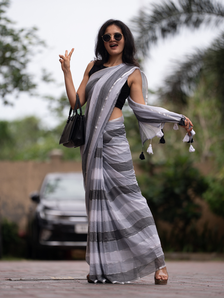 SAREEN Urban Grey Striped Mal Cotton Saree with Black & White Tassels