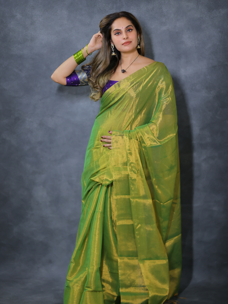 SAREEN Parrot Green Raga Cotton Tissue Saree with Radiant Golden Finish
