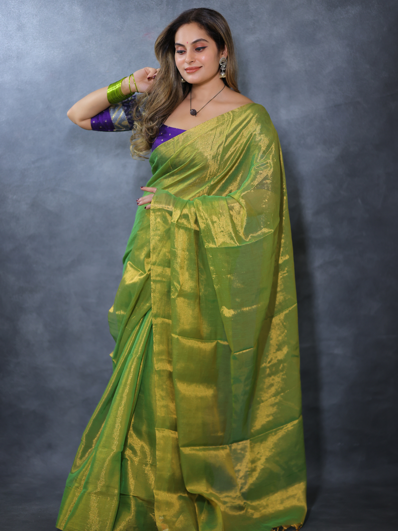 SAREEN Parrot Green Raga Cotton Tissue Saree with Radiant Golden Finish