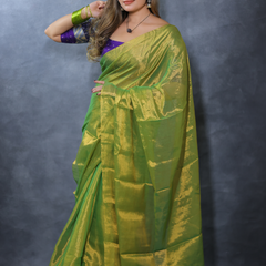 SAREEN Parrot Green Raga Cotton Tissue Saree with Radiant Golden Finish