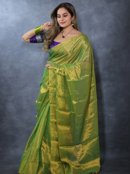 SAREEN Parrot Green Raga Cotton Tissue Saree with Radiant Golden Finish