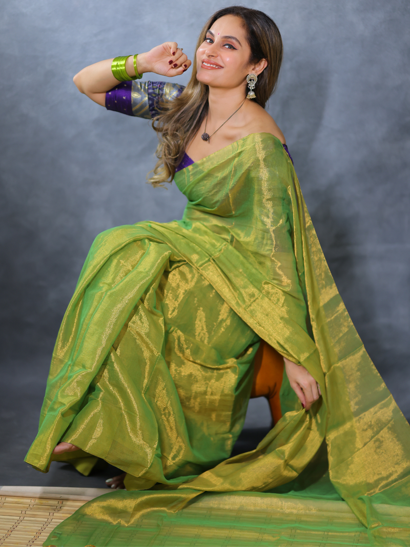 SAREEN Parrot Green Raga Cotton Tissue Saree with Radiant Golden Finish