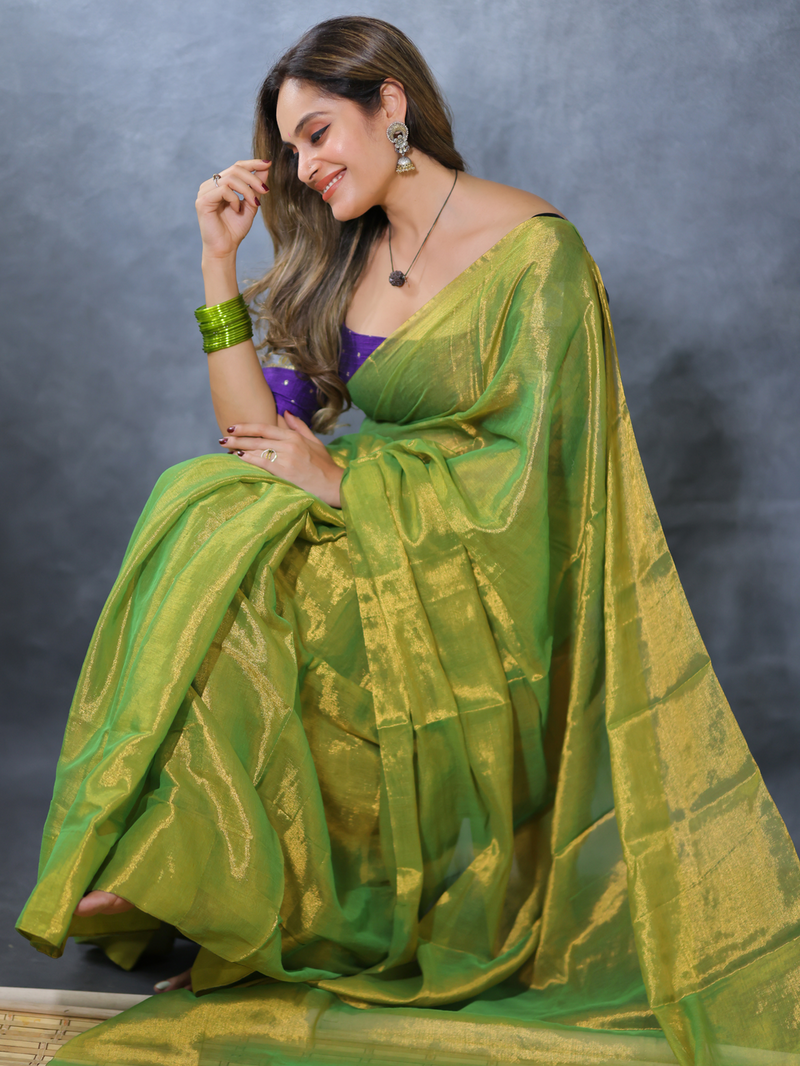 SAREEN Parrot Green Raga Cotton Tissue Saree with Radiant Golden Finish